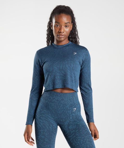 Gymshark Adapt Animal Seamless Long Sleeve Top T-shirts Damen Navy | 78062FGOE