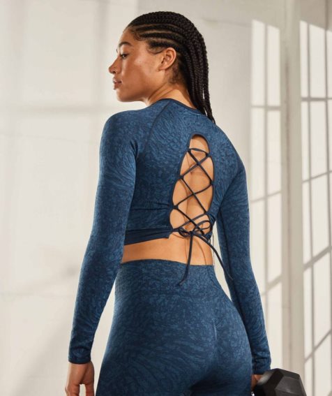 Gymshark Adapt Animal Seamless Spitze Up Back Kurz Geschnittene Oberteile Damen Navy | 20936BHUL