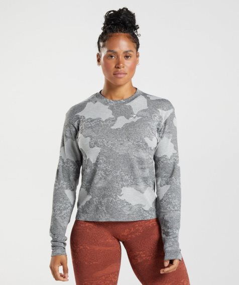 Gymshark Adapt Camo Seamless Long Sleeve Top T-shirts Damen Grau | 58436SBPV