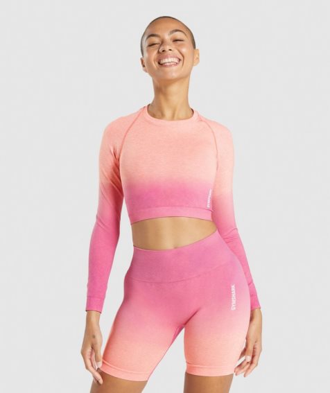 Gymshark Adapt Ombre Seamless Long Sleeve Kurz Geschnittene Oberteile Damen Rosa | 27413CNMB