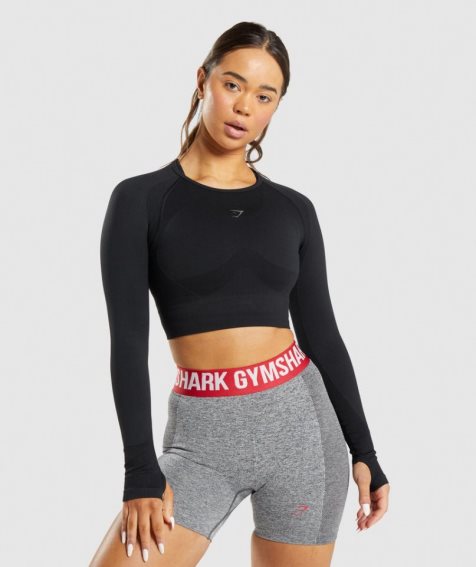 Gymshark Flex Sports Long Sleeve Kurz Geschnittene Oberteile Damen Schwarz | 40685RUFQ