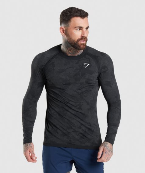 Gymshark Geo Seamless Long Sleeve T-shirts Herren Schwarz | 36729FREB