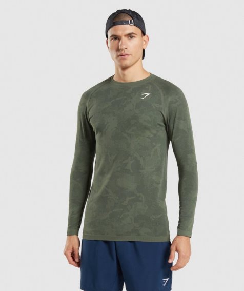 Gymshark Geo Seamless Long Sleeve T-shirts Herren Olivgrün | 98364IOGP