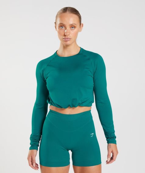 Gymshark Sweat Seamless Long Sleeve Kurz Geschnittene Oberteile Damen Türkis | 70381DGJO