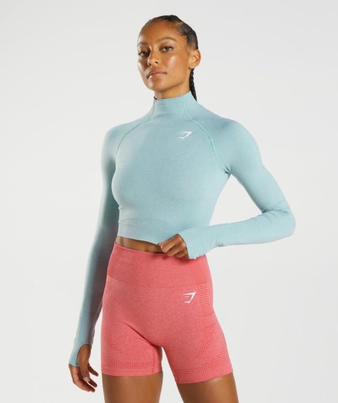 Gymshark Vital Seamless 2.0 High Neck Midi Kurz Geschnittene Oberteile Damen Hellblau | 40893AXRN