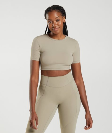 Gymshark Whitney Kurzes Sleeve Kurz Geschnittene Oberteile Damen Khaki | 26971HNTG