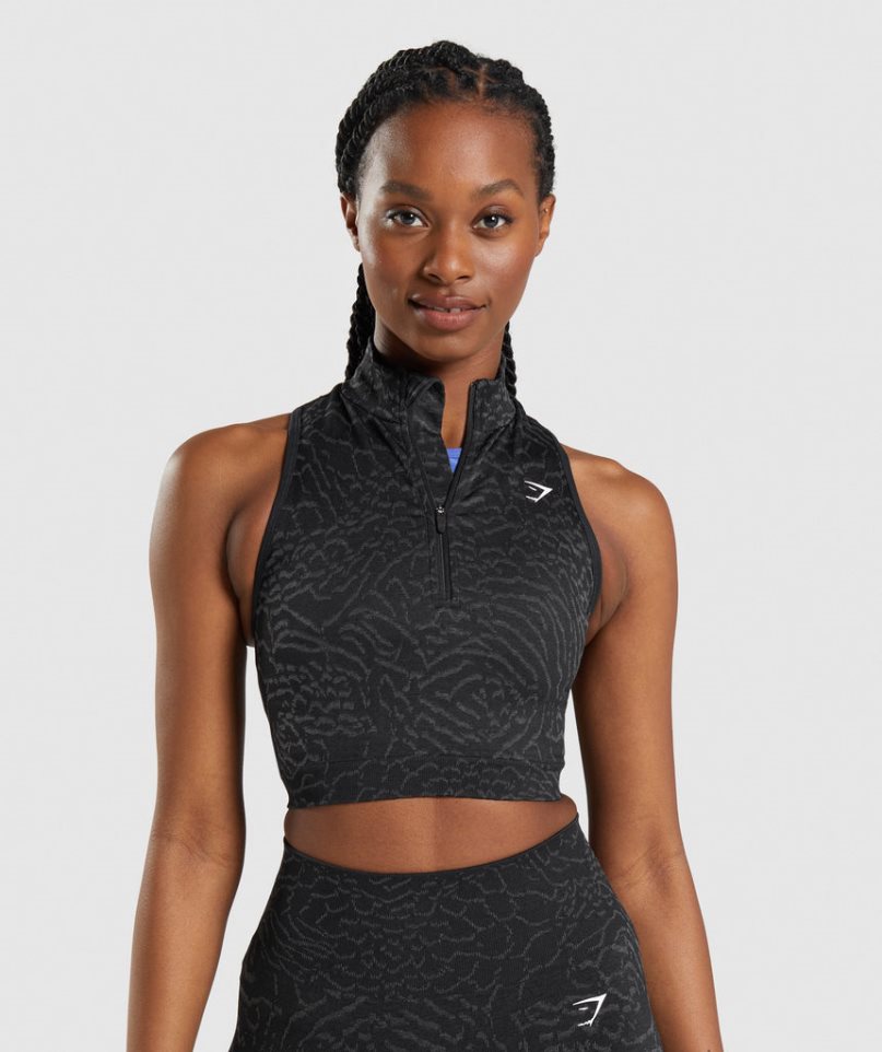 Gymshark Adapt Animal Seamless 1/2 Zip Kurz Geschnittene Oberteile Damen Schwarz | 78341MTZJ