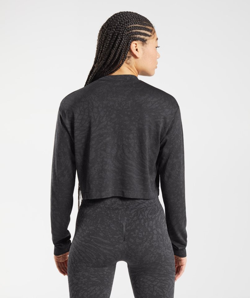 Gymshark Adapt Animal Seamless Long Sleeve Top T-shirts Damen Schwarz | 81657ADXQ