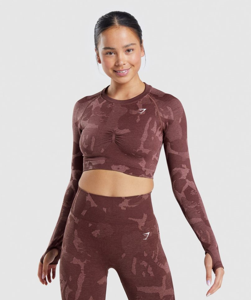 Gymshark Adapt Camo Seamless Long Sleeve Kurz Geschnittene Oberteile Damen Braun | 15402VDHT