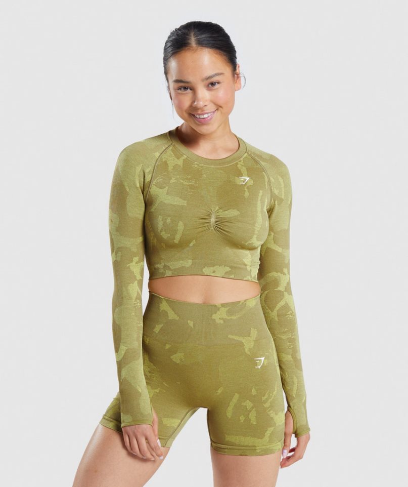 Gymshark Adapt Camo Seamless Long Sleeve Kurz Geschnittene Oberteile Damen Grün | 39167OTMW