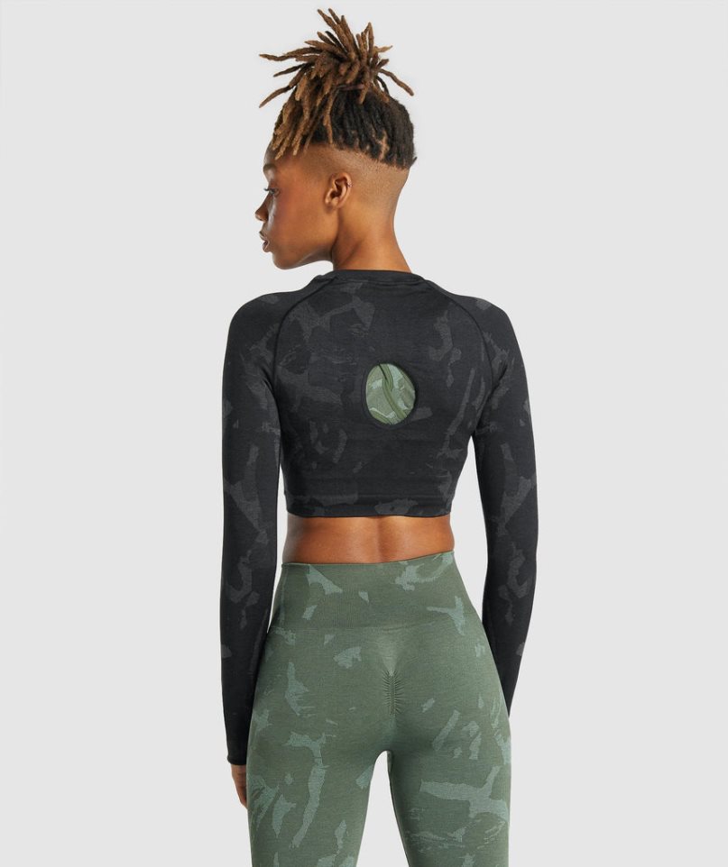 Gymshark Adapt Camo Seamless Long Sleeve Kurz Geschnittene Oberteile Damen Schwarz | 59187BCRJ