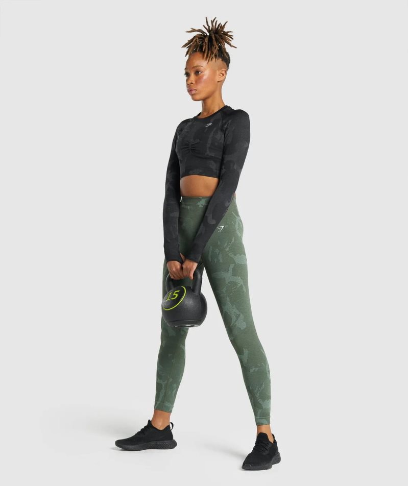 Gymshark Adapt Camo Seamless Long Sleeve Kurz Geschnittene Oberteile Damen Schwarz | 59187BCRJ