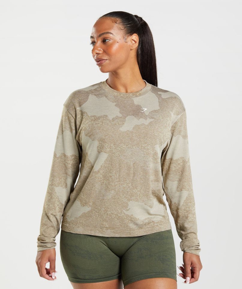 Gymshark Adapt Camo Seamless Long Sleeve Top T-shirts Damen Grau | 60291VRFL