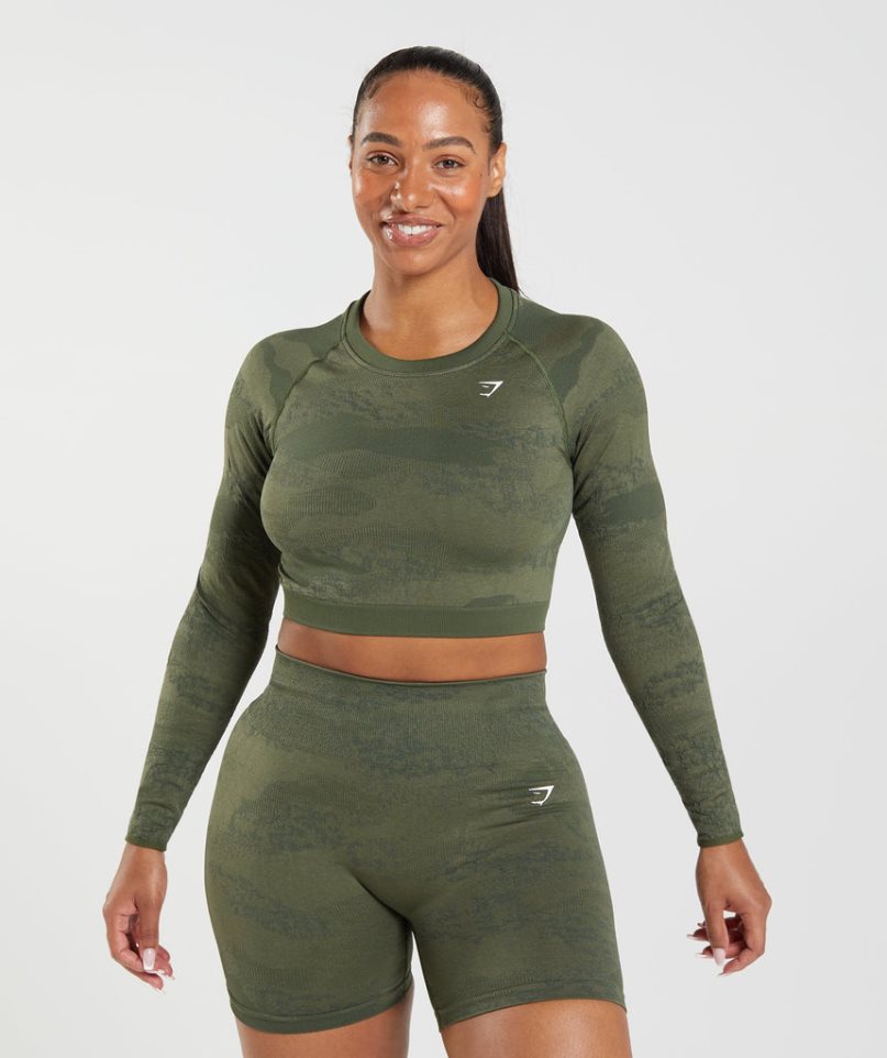 Gymshark Adapt Camo Seamless Spitze Up Back Top T-shirts Damen Olivgrün | 23176ENYA