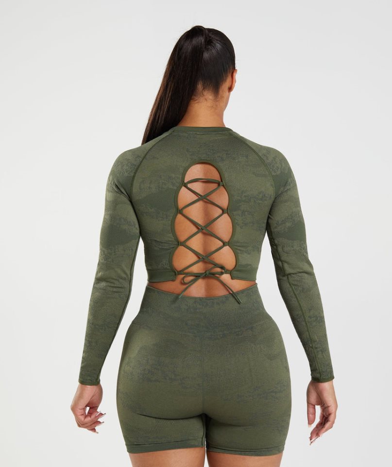 Gymshark Adapt Camo Seamless Spitze Up Back Top T-shirts Damen Olivgrün | 23176ENYA