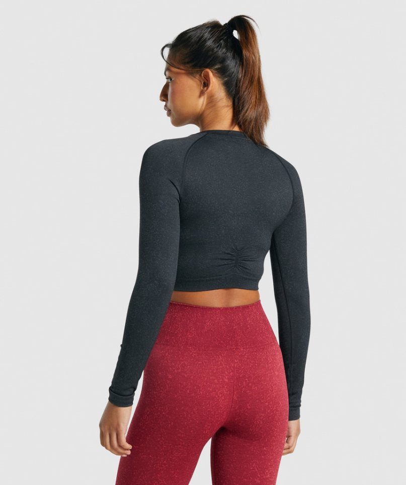 Gymshark Adapt Fleck Seamless Long Sleeve Kurz Geschnittene Oberteile Damen Schwarz | 35498YQLR