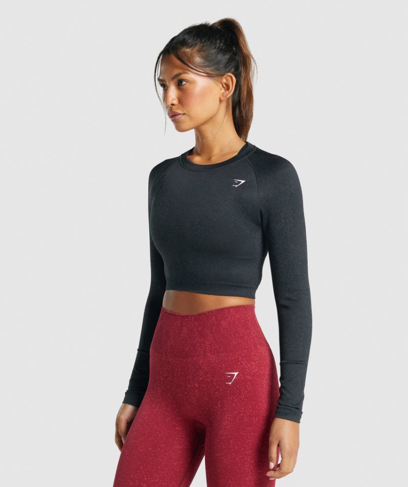 Gymshark Adapt Fleck Seamless Long Sleeve Kurz Geschnittene Oberteile Damen Schwarz | 35498YQLR