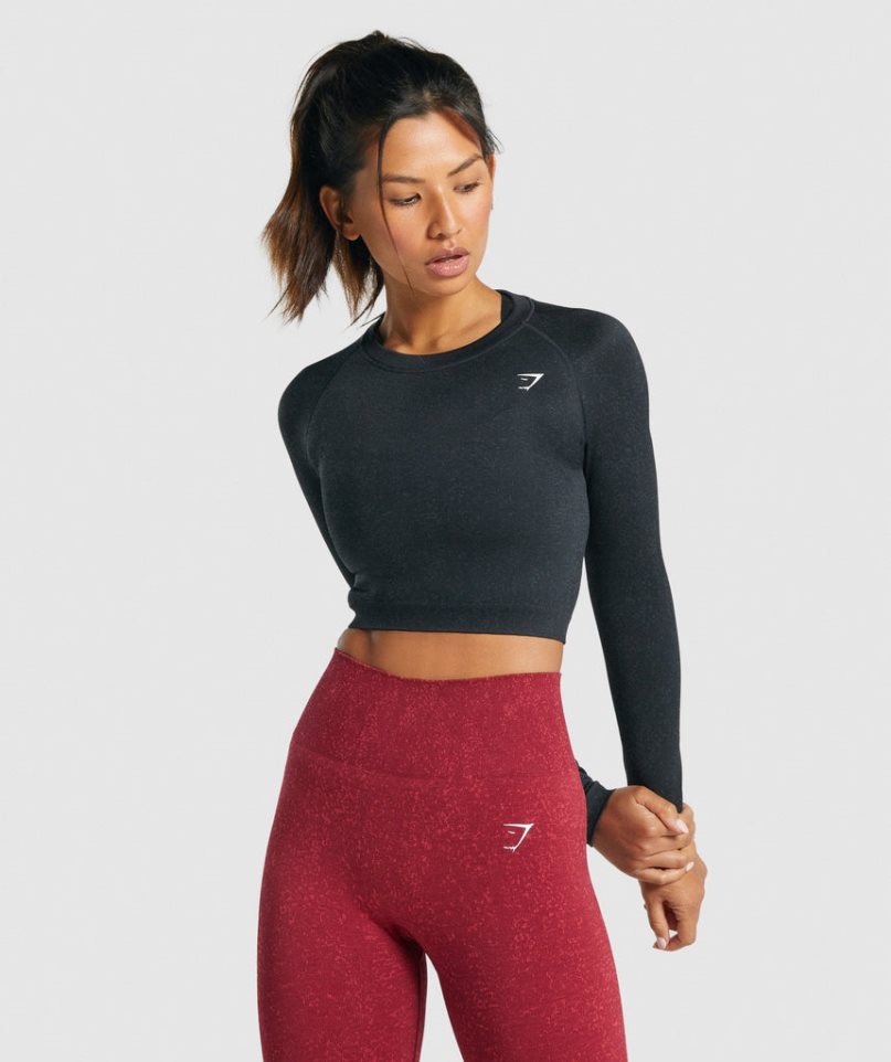 Gymshark Adapt Fleck Seamless Long Sleeve Kurz Geschnittene Oberteile Damen Schwarz | 35498YQLR