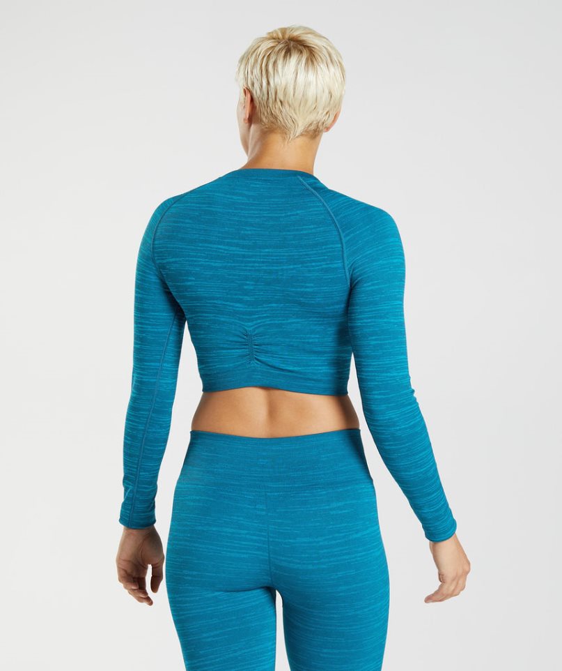 Gymshark Adapt Marl Seamless Long Sleeve Kurz Geschnittene Oberteile Damen Türkis | 06172MUYL