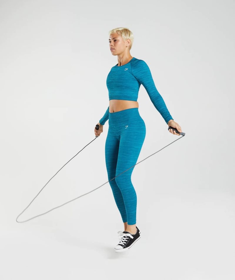 Gymshark Adapt Marl Seamless Long Sleeve Kurz Geschnittene Oberteile Damen Türkis | 06172MUYL