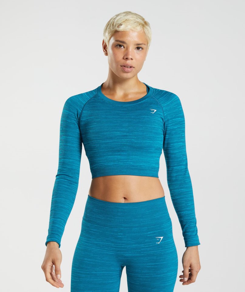 Gymshark Adapt Marl Seamless Long Sleeve Kurz Geschnittene Oberteile Damen Türkis | 06172MUYL