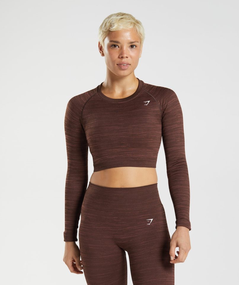 Gymshark Adapt Marl Seamless Long Sleeve Kurz Geschnittene Oberteile Damen Dunkelbraun | 13528UGJZ