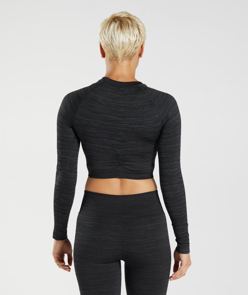 Gymshark Adapt Marl Seamless Long Sleeve Kurz Geschnittene Oberteile Damen Schwarz | 58142HNTU