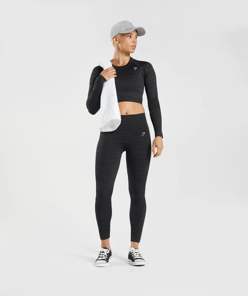 Gymshark Adapt Marl Seamless Long Sleeve Kurz Geschnittene Oberteile Damen Schwarz | 58142HNTU