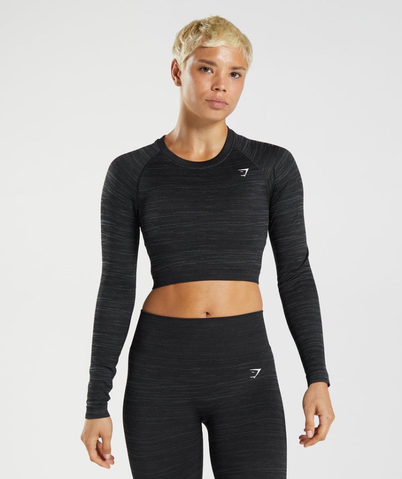 Gymshark Adapt Marl Seamless Long Sleeve Kurz Geschnittene Oberteile Damen Schwarz | 58142HNTU