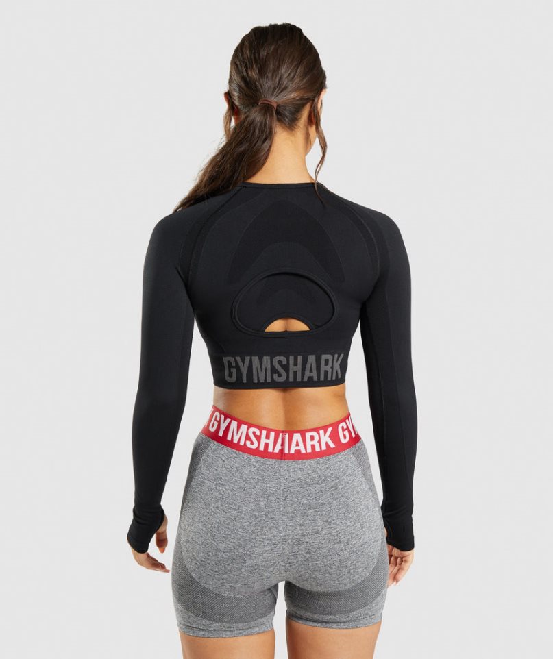 Gymshark Flex Sports Long Sleeve Kurz Geschnittene Oberteile Damen Schwarz | 40685RUFQ