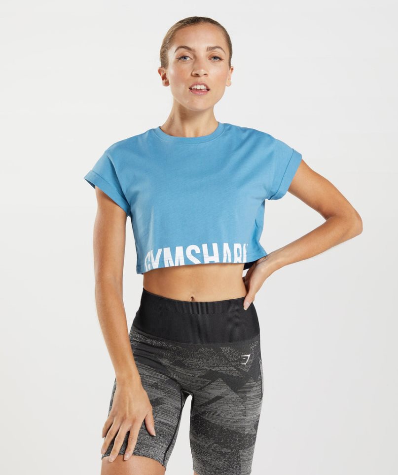 Gymshark Fraction Kurz Geschnittene Oberteile Damen Blau | 71284XVAB