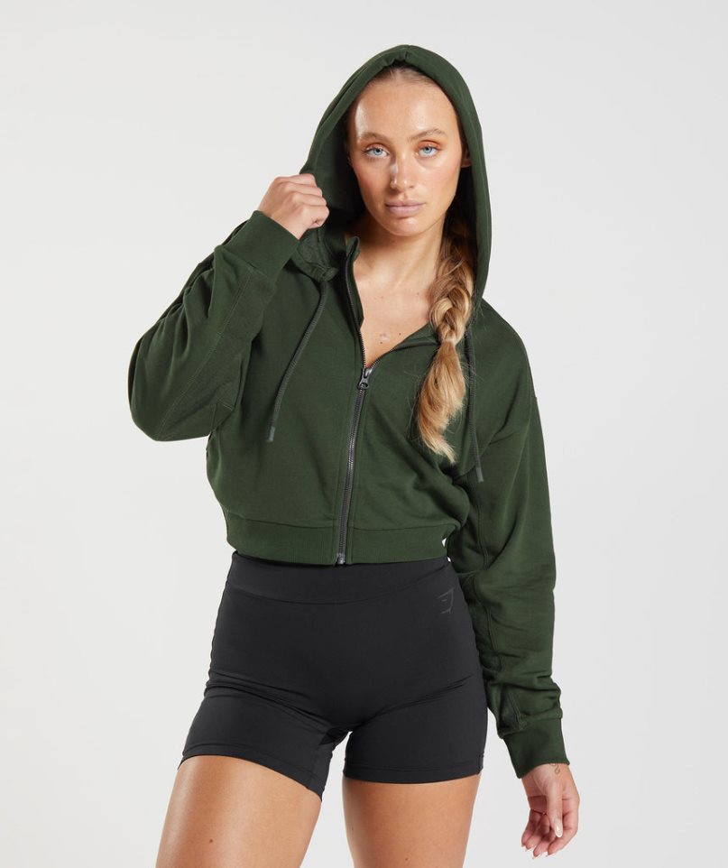 Gymshark GS Power Cropped Zip Hoodie Damen Olivgrün | 60295KNCX