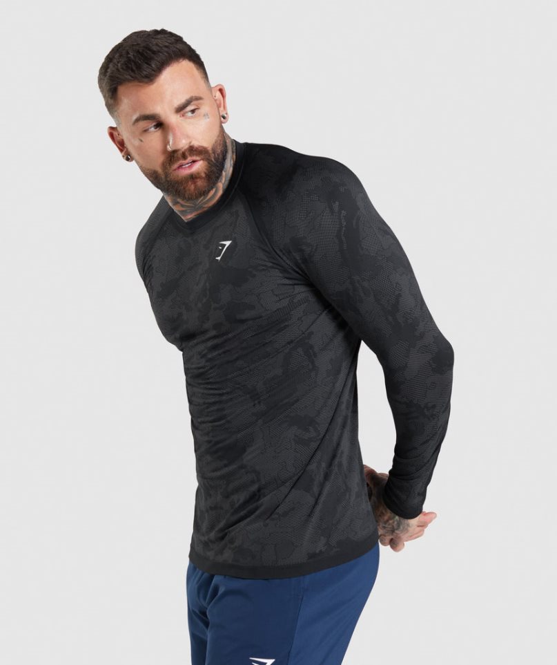 Gymshark Geo Seamless Long Sleeve T-shirts Herren Schwarz | 36729FREB