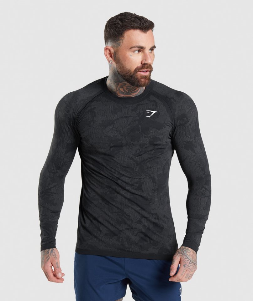 Gymshark Geo Seamless Long Sleeve T-shirts Herren Schwarz | 36729FREB