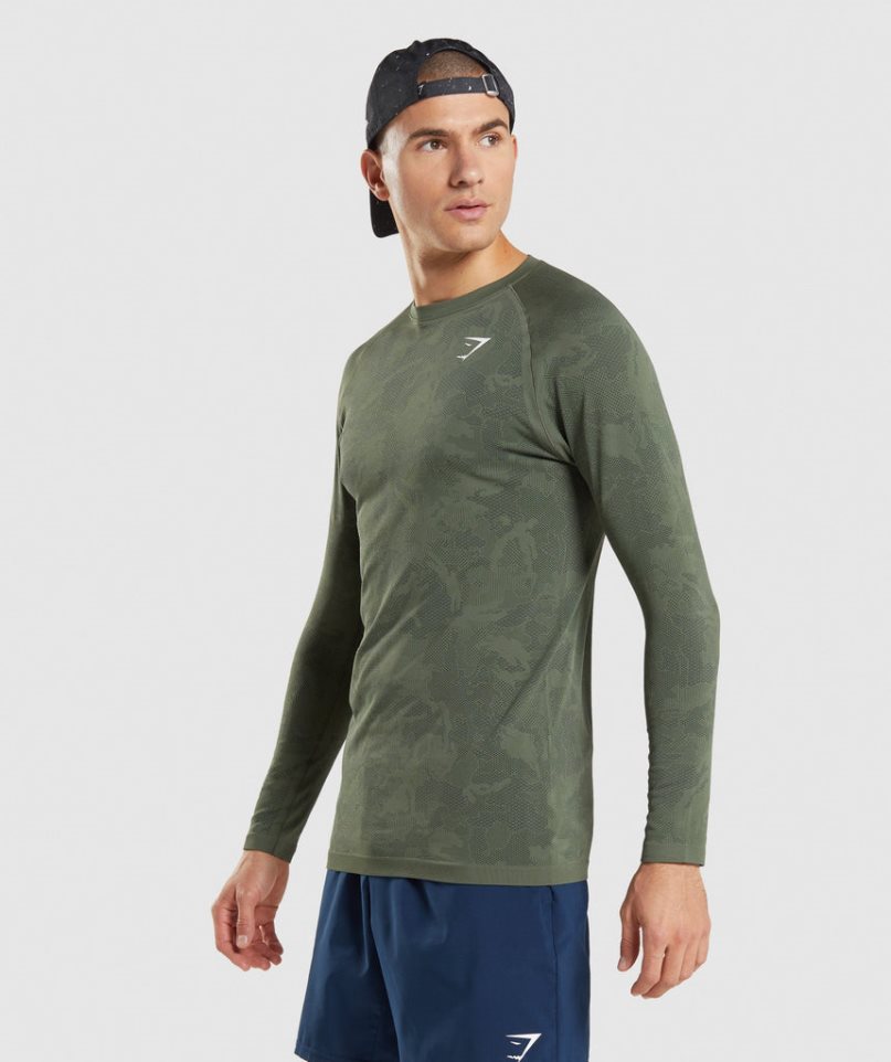 Gymshark Geo Seamless Long Sleeve T-shirts Herren Olivgrün | 98364IOGP