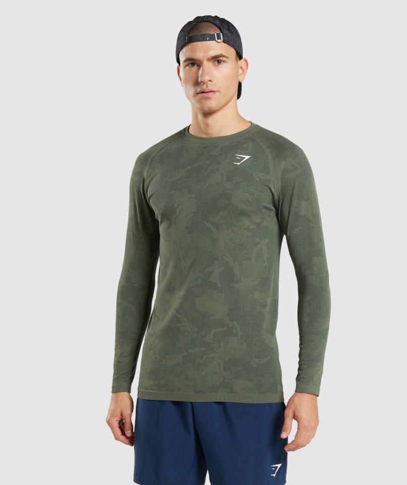 Gymshark Geo Seamless Long Sleeve T-shirts Herren Olivgrün | 98364IOGP