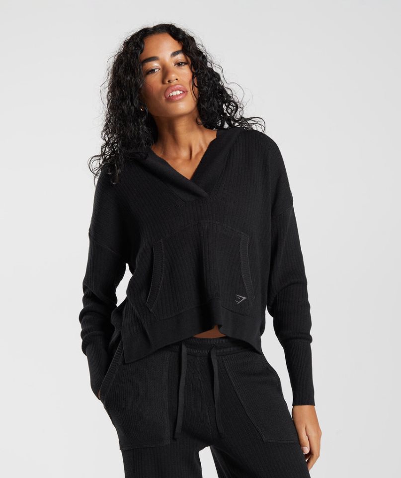 Gymshark Pause Knitwear Hoodie Damen Schwarz | 17630ZBPD