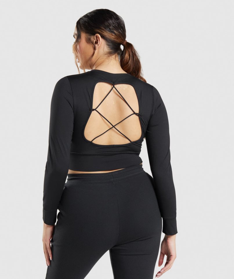 Gymshark Pause Open Back Long Sleeve Kurz Geschnittene Oberteile Damen Schwarz | 85629SFIM