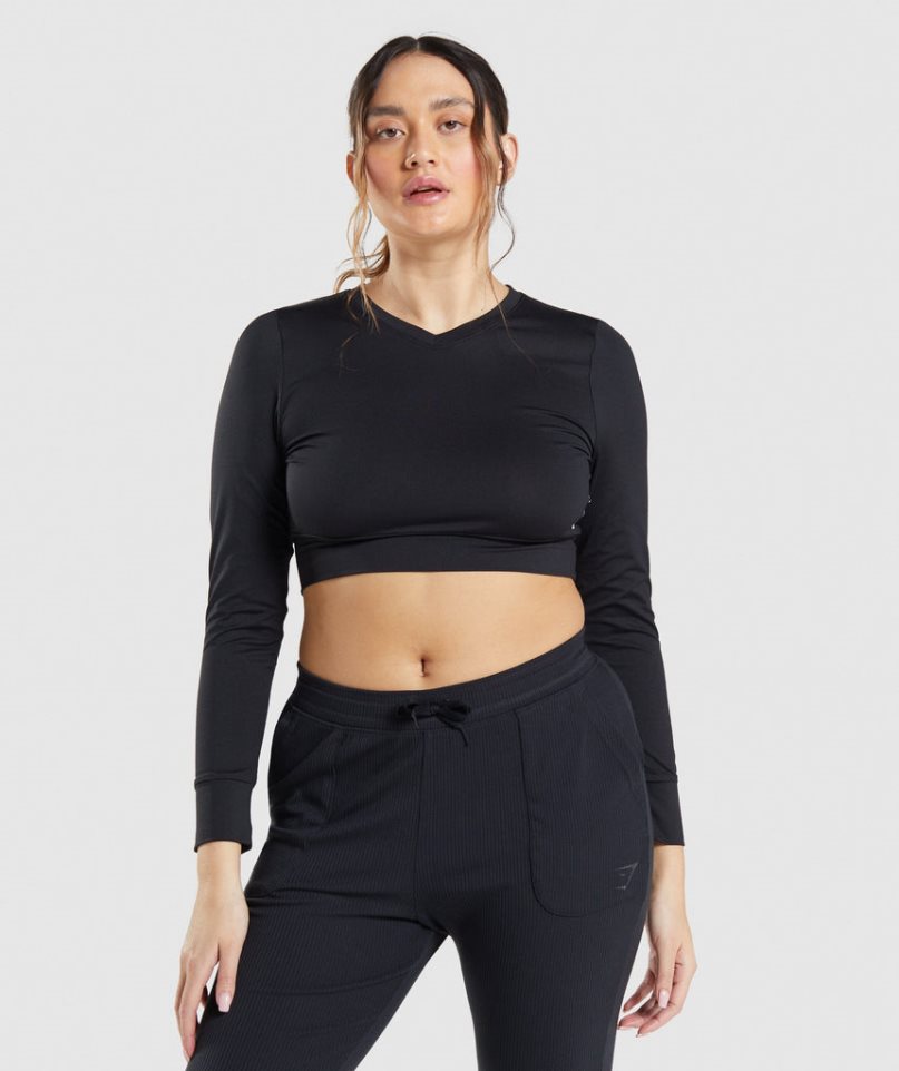 Gymshark Pause Open Back Long Sleeve Kurz Geschnittene Oberteile Damen Schwarz | 85629SFIM