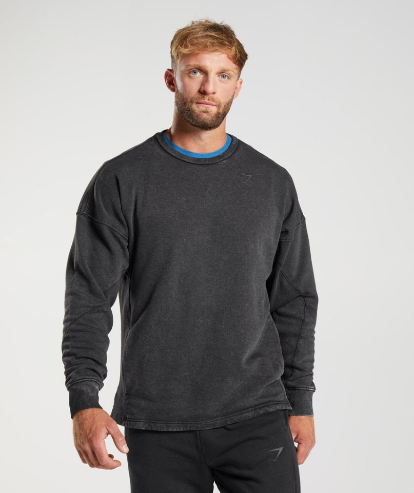 Gymshark Power Washed Crew Sweatshirts Herren Schwarz | 86230QJFY