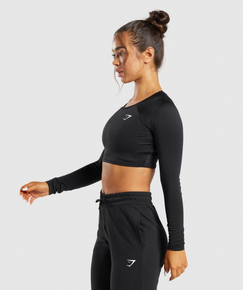 Gymshark Sport Long Sleeve Kurz Geschnittene Oberteile Damen Schwarz | 89164ZICM