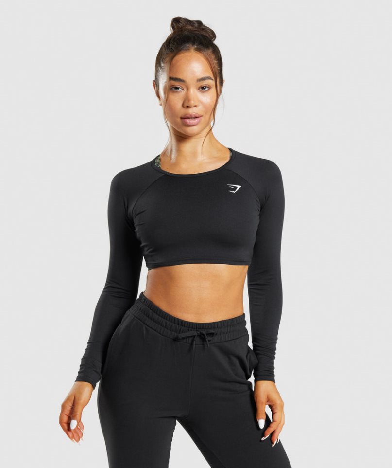 Gymshark Sport Long Sleeve Kurz Geschnittene Oberteile Damen Schwarz | 89164ZICM