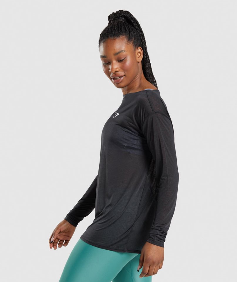 Gymshark Sport Oversized Long Sleeve Tee T-shirts Damen Schwarz | 13592OZDA