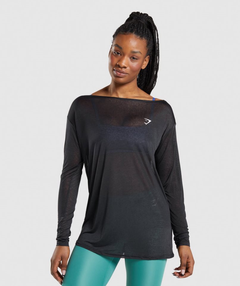 Gymshark Sport Oversized Long Sleeve Tee T-shirts Damen Schwarz | 13592OZDA