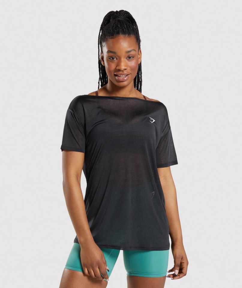 Gymshark Sport Oversized Top T-shirts Damen Schwarz | 82750DEQA