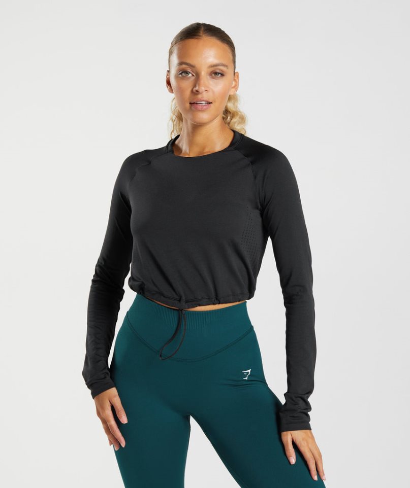 Gymshark Sweat Seamless Long Sleeve Kurz Geschnittene Oberteile Damen Schwarz | 95748AWND