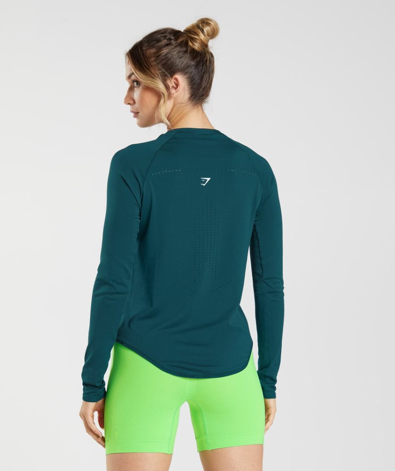 Gymshark Sweat Seamless Long Sleeve Top T-shirts Damen Türkis | 48629HIQD