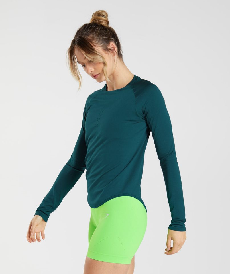 Gymshark Sweat Seamless Long Sleeve Top T-shirts Damen Türkis | 48629HIQD