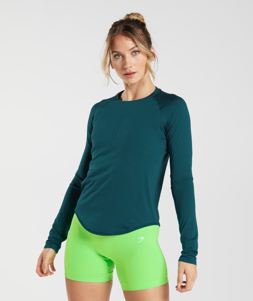 Gymshark Sweat Seamless Long Sleeve Top T-shirts Damen Türkis | 48629HIQD