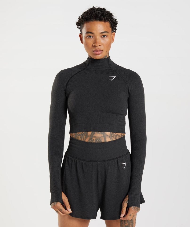 Gymshark Vital Seamless 2.0 High Neck Midi Kurz Geschnittene Oberteile Damen Schwarz | 58297TGMR